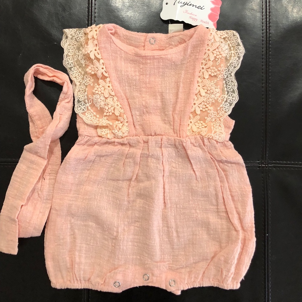 peach pink lace romper with matching headband
